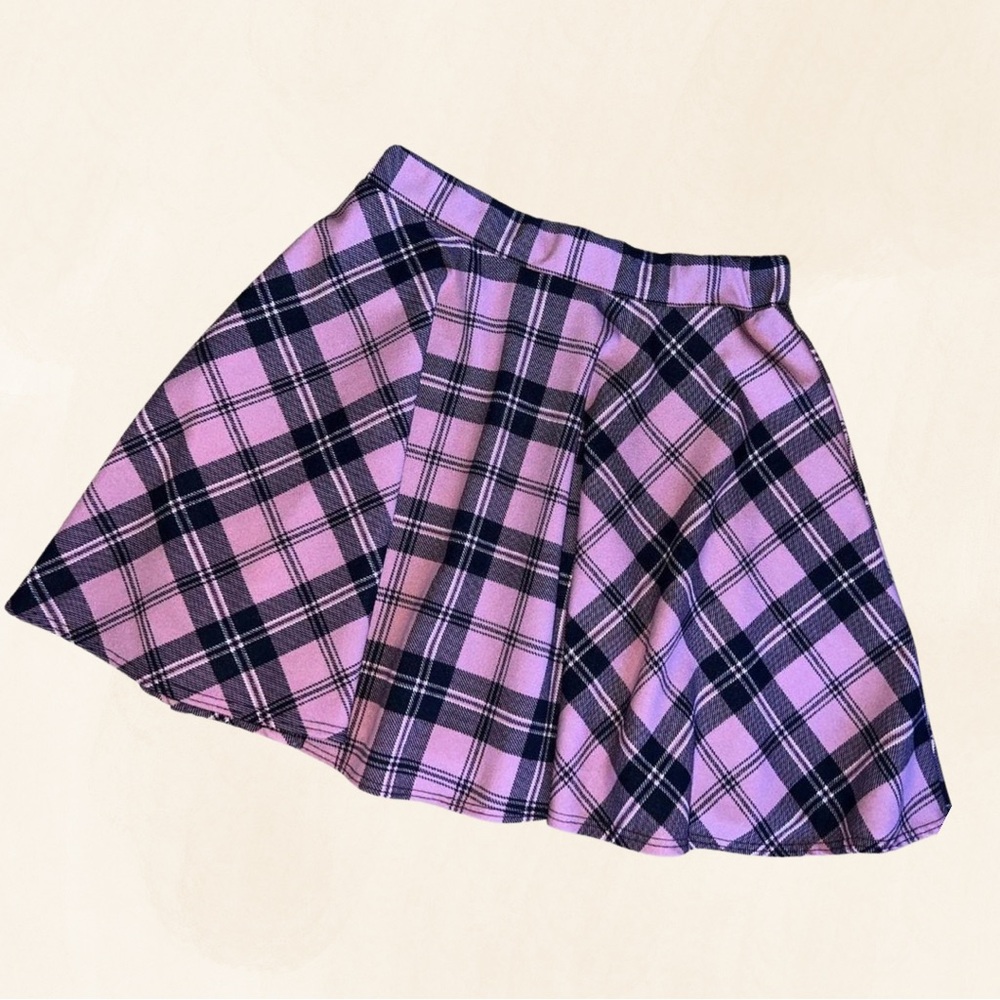Pink and Black Plaid Mini Skirt- Elastic Waist